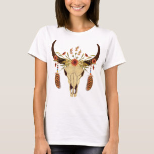 Camiseta Cráneo del buey con las flores y las plumas