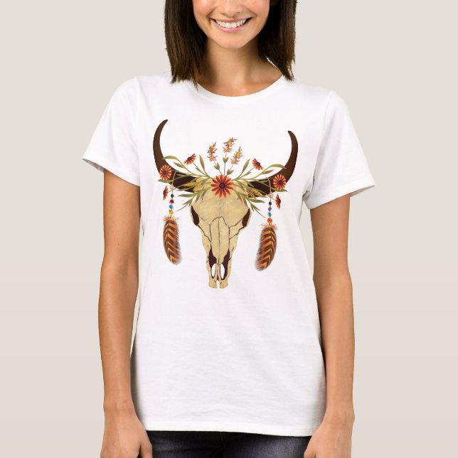 Camiseta Cráneo del buey con las flores y las plumas (Anverso)
