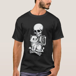 Camiseta Cráneo Esqueleto Abrazando un Gato Halloween Mares