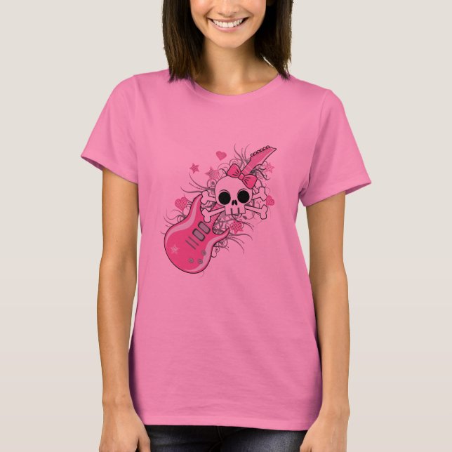 Camiseta Cráneo lindo con guitarra rosa (Anverso)
