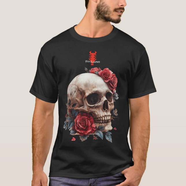 Camiseta Cráneo Metalizado Roses Rojos | Ben Elkanar (Anverso)