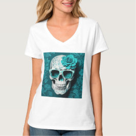 Camiseta Cráneo mortal floral 3D verde azulado con gafas de