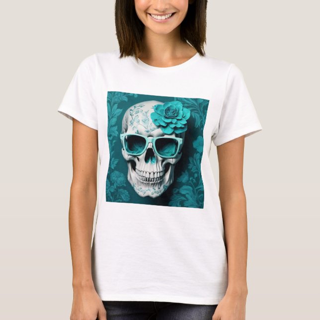 Camiseta Cráneo mortal floral 3D verde azulado con gafas de (Anverso)