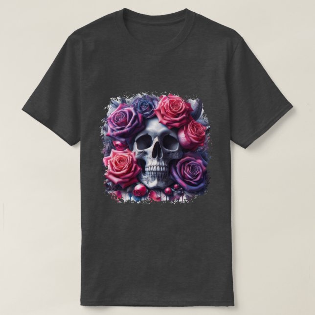 Camiseta Cráneo rodeado de vibrantes Rosas (Diseño del anverso)