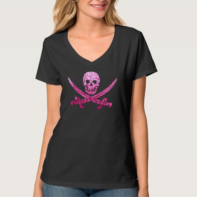 Camiseta Cráneo rosado del pirata y lentejuelas de la (Anverso)