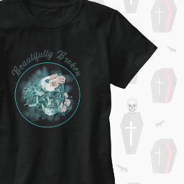Camiseta Cráneo Teal Preciosamente Roto Con Rosas