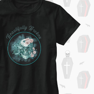 Camiseta Cráneo Teal Preciosamente Roto Con Rosas