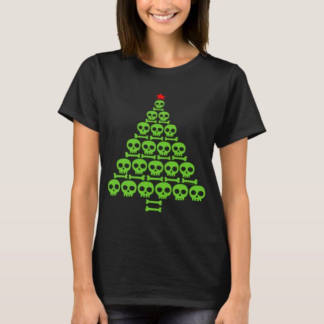 Camiseta Cráneo verde y árbol de Navidad de huesos (Anverso)