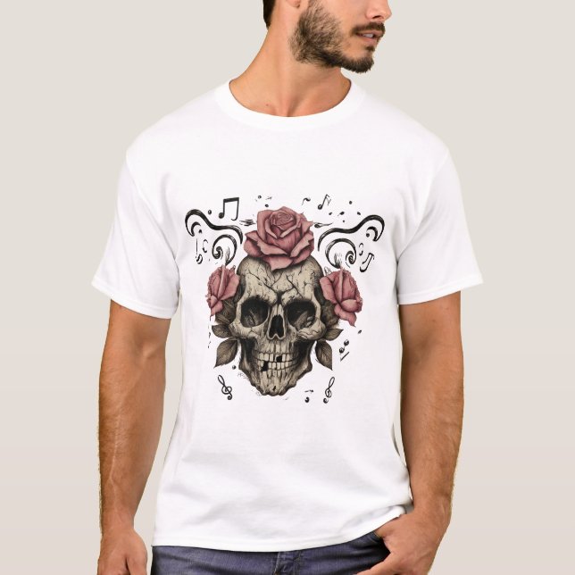 Camiseta cráneo y huesos cruzados, rodeados de rosas (Anverso)