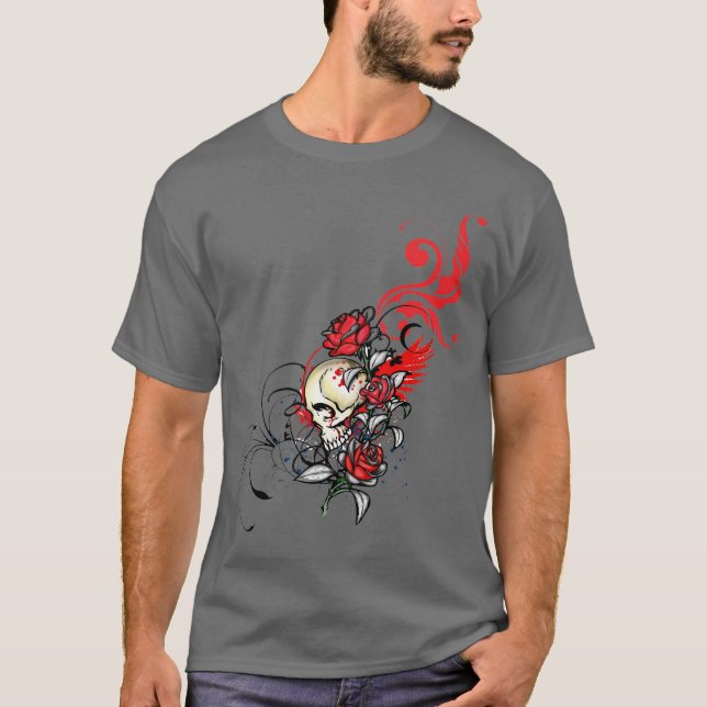 Camiseta Cráneo y rosas rojos (Anverso)