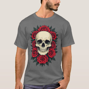Camiseta Cranio Gótico Rodeado De Rosas Rojas