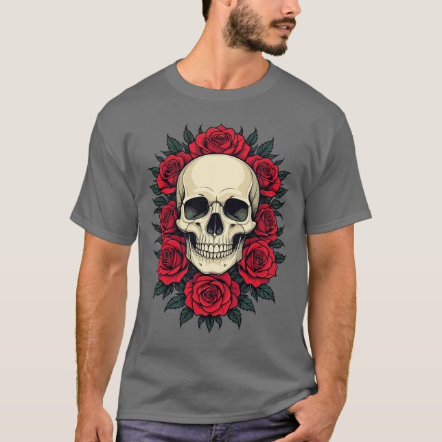 Camiseta Cranio Gótico Rodeado De Rosas Rojas (Anverso)