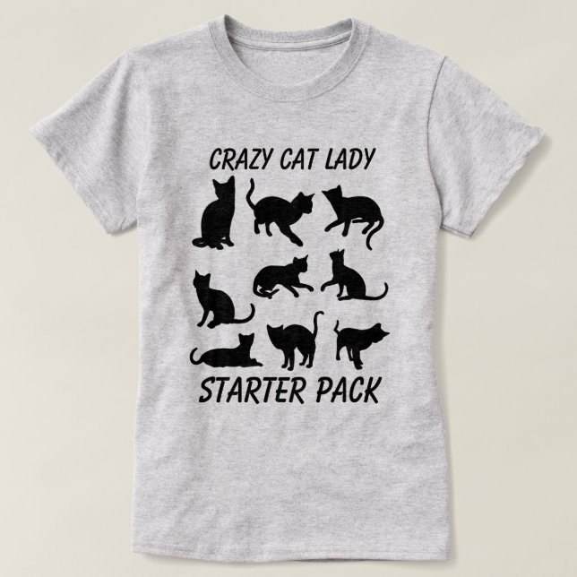 Camiseta "Crazy Cat Lady Starter Pack" con tres gatos (Diseño del anverso)