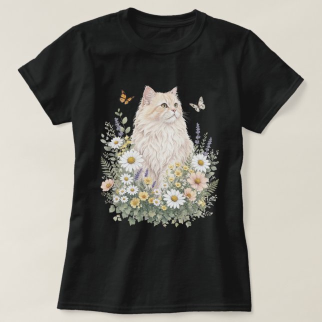 Camiseta Cream Cat Wildflower Botanical Art (Diseño del anverso)