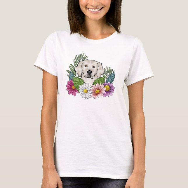 Camiseta Cream Golden Retriever Head Con Flores Coloridas (Anverso)