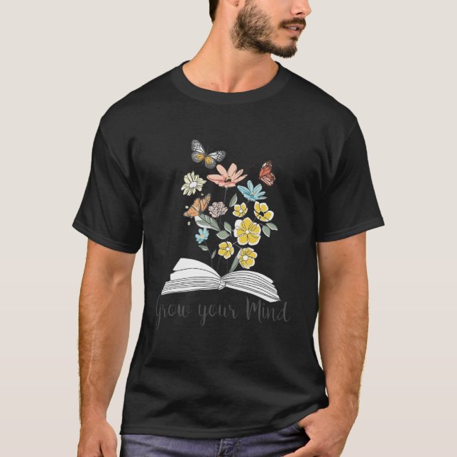 Camiseta Crece tu mente libro de flores silvestres leyendo  (Anverso)