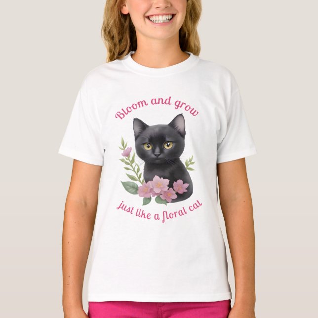 Camiseta Crecer y florecer en el diseño floral de un gato (Anverso)