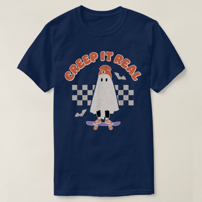 Camiseta Creep It Real Ghost Skateboard Halloween Bat Check (Diseño del anverso)