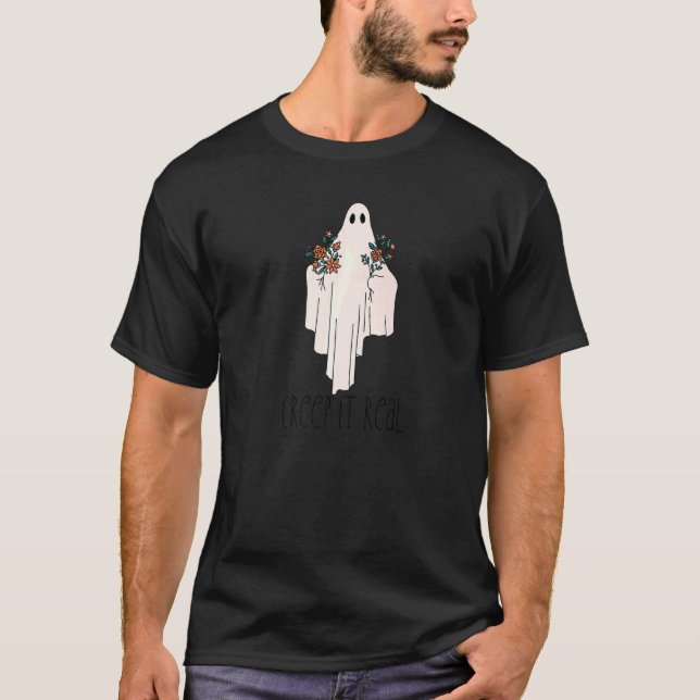Camiseta CREEP IT REAL Halloween Ghost with Flowe Meme (Anverso)
