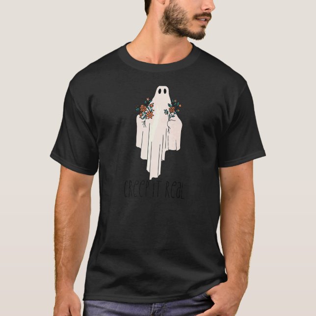 Camiseta CREEP IT REAL Halloween Ghost with Flowe Meme (Anverso)