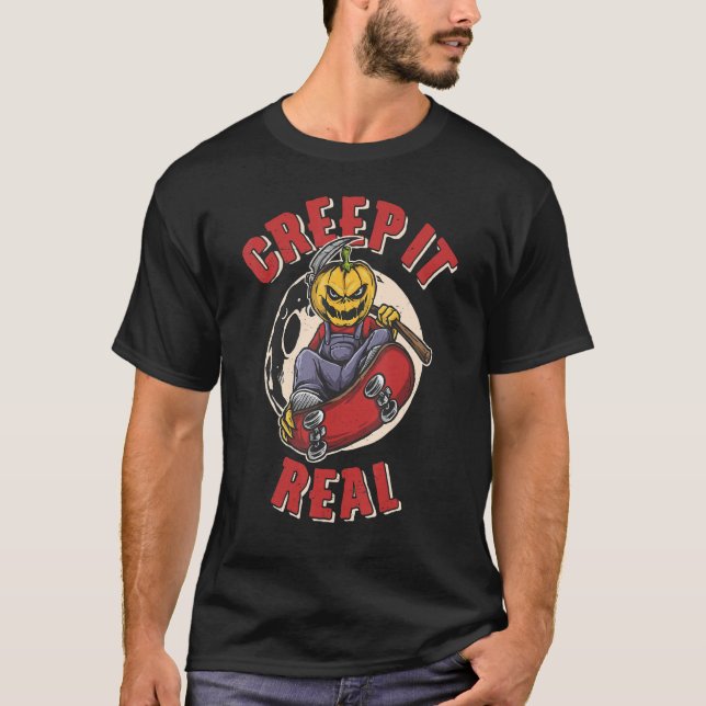 Camiseta Creep it Real Scarecrow Riendo en Skateboard (Anverso)