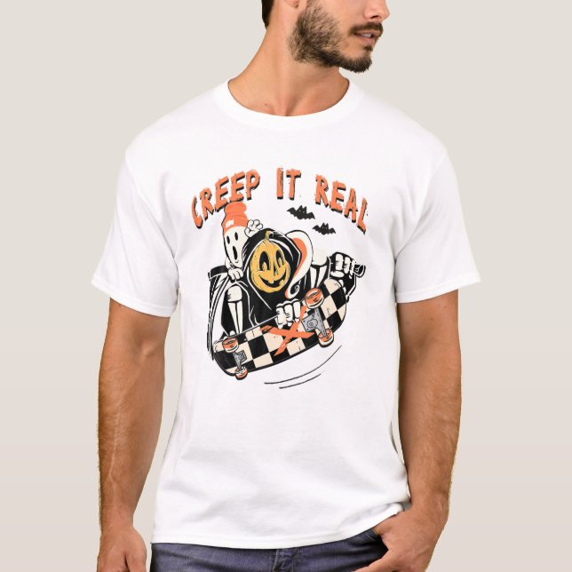 Camiseta Creep It Real Skater Boy Ghost Pumpkin Skeleton Sk (Anverso)
