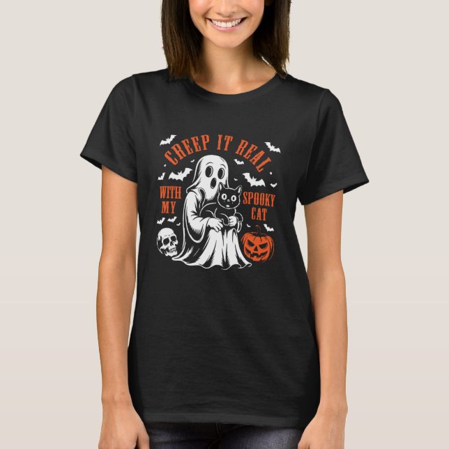 Camiseta Creep It Real, with My Spooky Cat Halloween Ghost  (Anverso)
