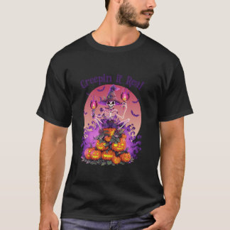 Camiseta Creepin It Real Skull Skeleton Witch Pumpkin Funny