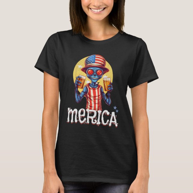 Camiseta Creepy Alien July 4th Drinking Beer Merica USA (Anverso)