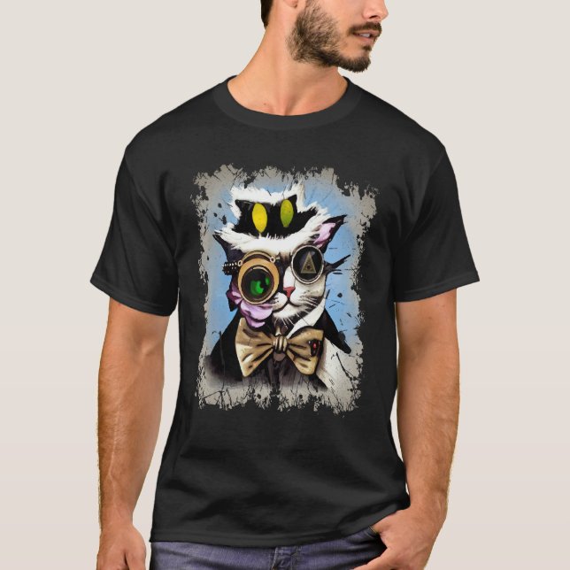 Camiseta Creepy Illuminati Cat Cyborg Monocle Steam Cat Pun (Anverso)