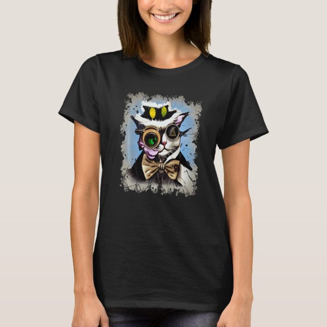 Camiseta Creepy Illuminati Cat Cyborg Monocle Steam Cat Pun (Anverso)