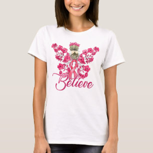 Camiseta Creer Cáncer de Mama Angel & Flowers de Cinta Rosa