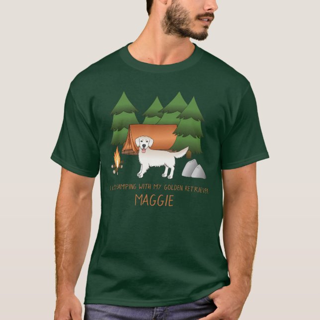 Camiseta Crema inglesa recuperadora de oro acampando en un  (Anverso)