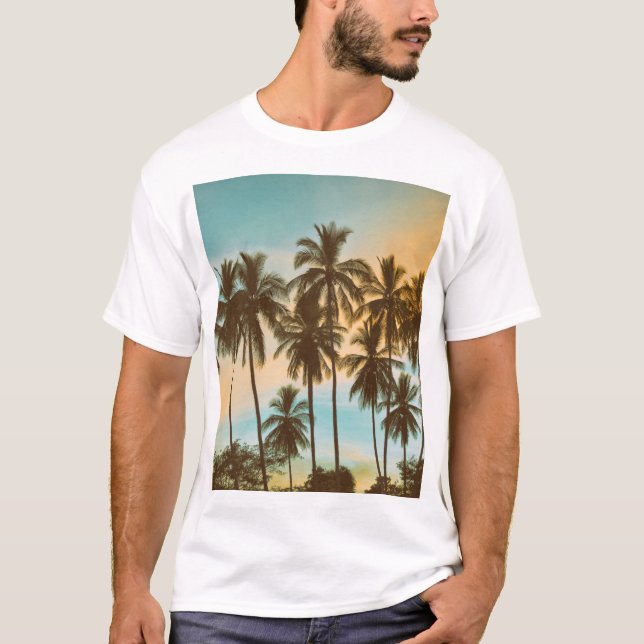 Camiseta Crepúsculo tropical: silueta de palma de coco (Anverso)