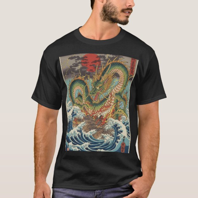 Camiseta Crestas de Dragón en Olas de Sol Carmesí (Anverso)