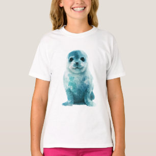 Camiseta Cría de Foca Arpa Bebé con Acuarela Azul para Niño