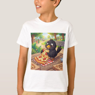 Camiseta Cría de mirlo negro dibujado comiendo pizza Cuervo
