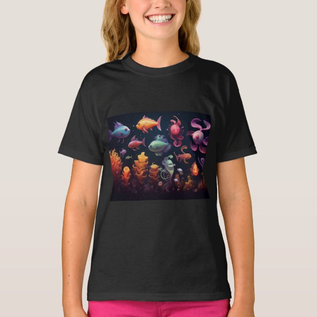 Camiseta Criaturas submarinas coloridas sobre negro (Anverso)