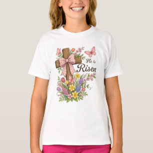 Camiseta Cristiano- Él ha Resucitado Cruz Floral Religiosa