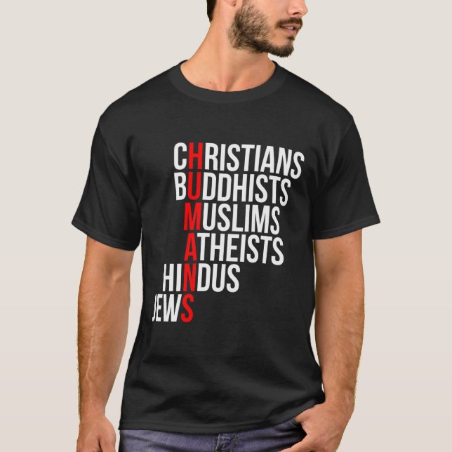 Camiseta Cristianos budistas musulmanes ateos hindúes judío (Anverso)
