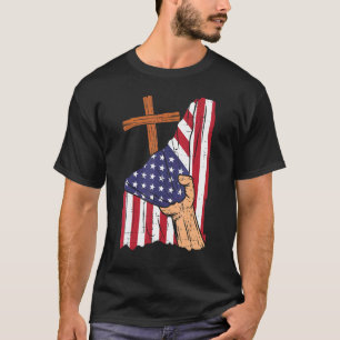 Camiseta Cruce Detrás De La Bandera Estadounidense Dios Rel