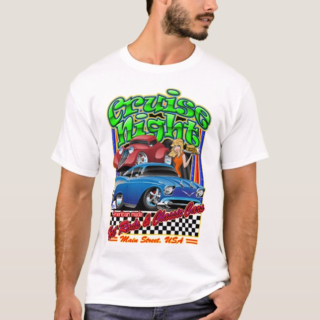 Camiseta Crucero Noche de Hot Rods y Classic Carros Ilustra (Anverso)
