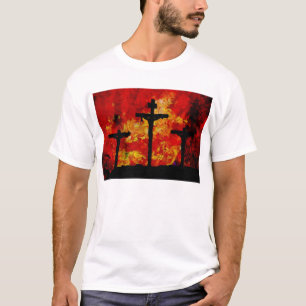 Camiseta Crucifixión sobre fondo rojo brillante