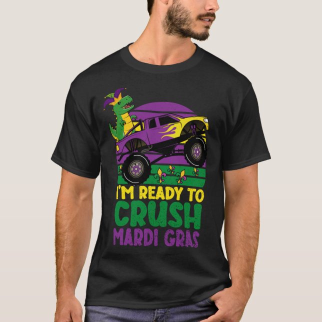 Camiseta Crush Mardi Gras Dino Monster Truck  Toddler Boys  (Anverso)