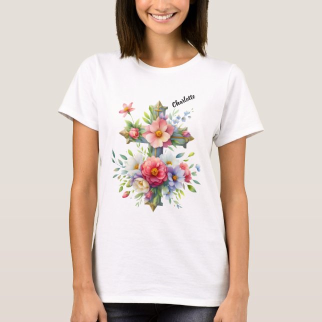 Camiseta Cruz Azul cristiana por flores florecientes (Anverso)