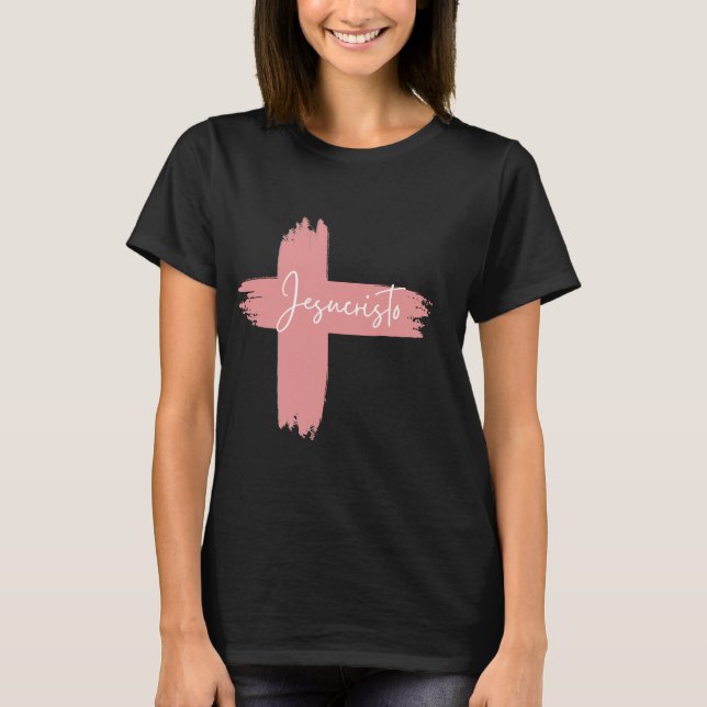 Camiseta Cruz blanca y negra rosa Jesucristo (Anverso)