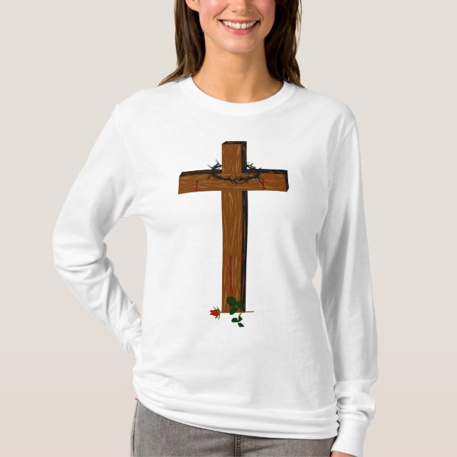 Camiseta Cruz Con La Espina Y Una Rosa Roja (Anverso)