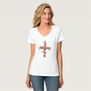 Camiseta Cruz con rosas rosadas y hiedra