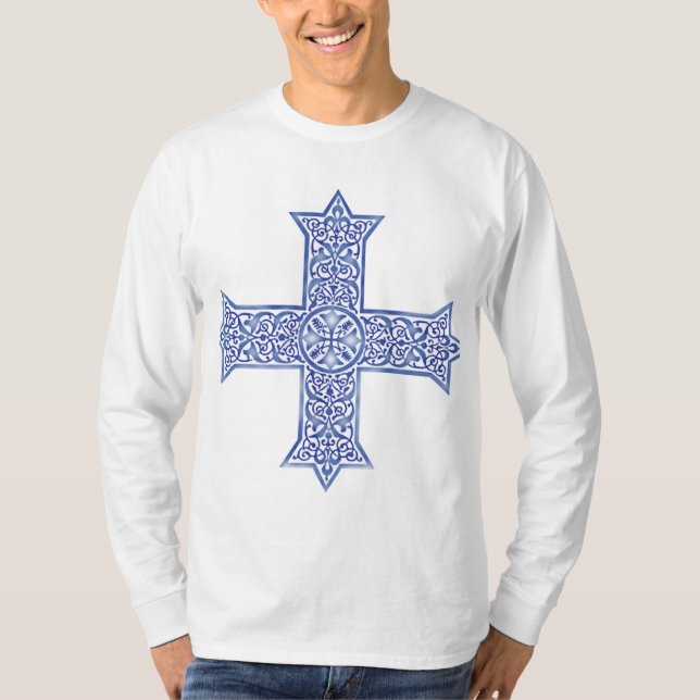 Camiseta Cruz Copta de Arte Azul Lapis Premium (Anverso)