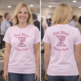 Camiseta Cruz cristiana Chi Ro rosa personalizada